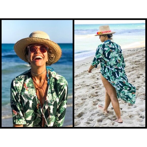 💕RACHEL ZOE COLLECTION💕 Palm Print Duster ~ Tropical Caftan Dress One Size NWT - Picture 11 of 15